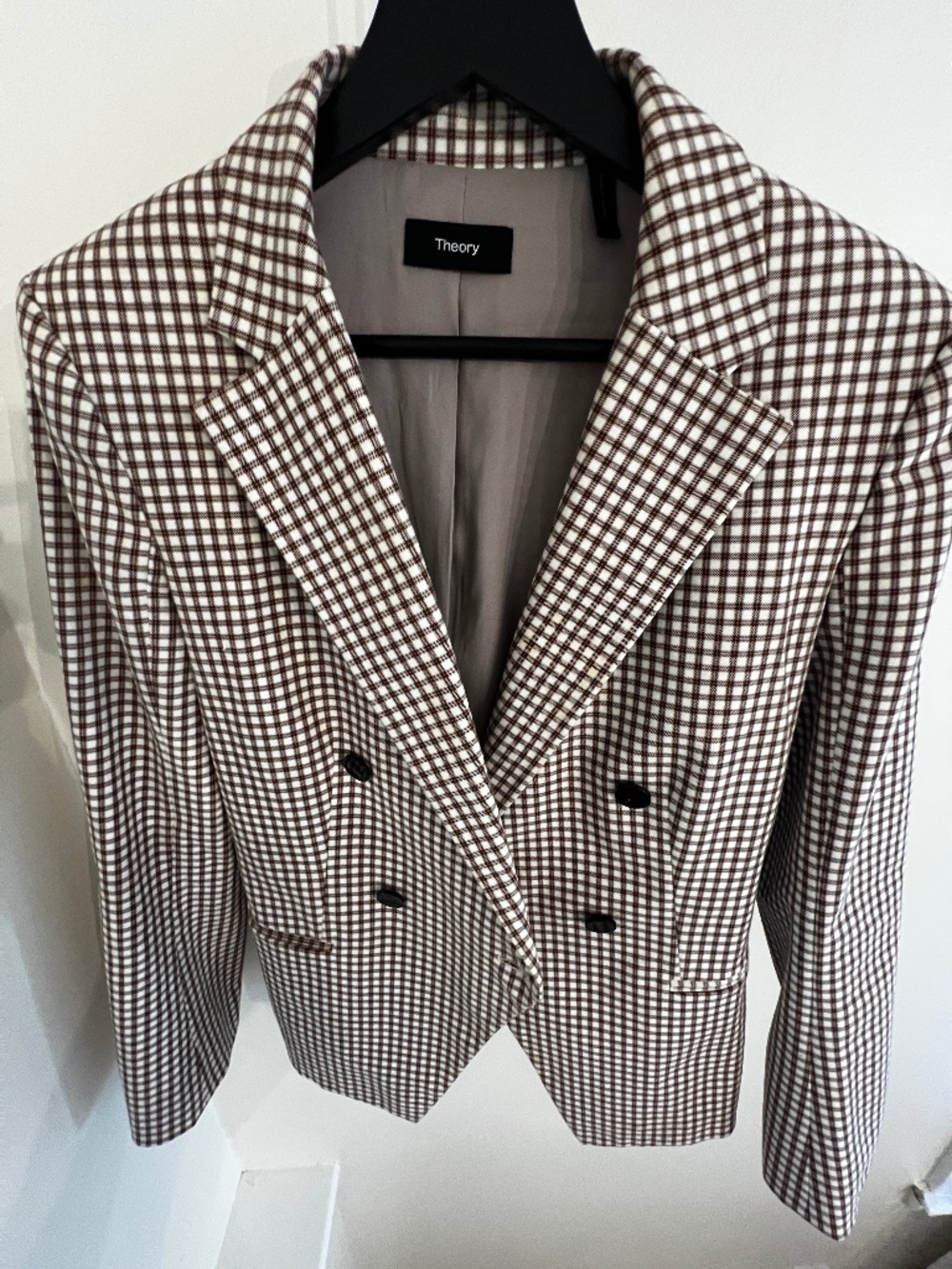 Theory Double Breasted Blazer Size 6 Ivory Grid Check Stretch - Picture 7 of 11